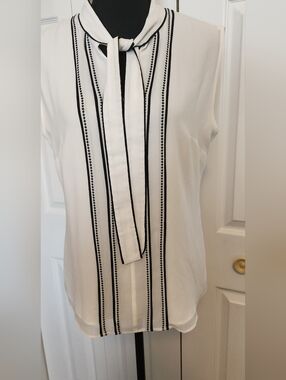 White House Black Market,  Black & White Sleeveless Tie-Neck Blouse